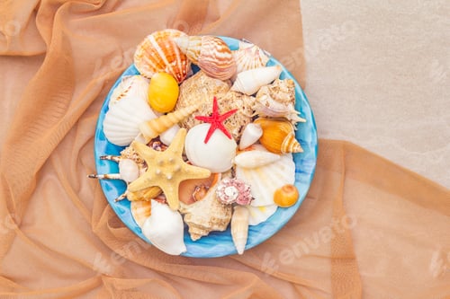Preview: Seashells Summer Background. Lots Of Different Seashells Piled Together In Blue Plate With Knitted