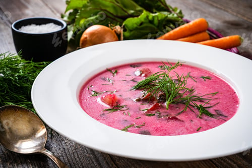Preview: Borsch - Beetroots Soup With Cream On Wooden Table