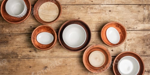 Preview: Handmade Empty Ceramic Dishes And Plates On Wooden Background. Collections Of Various Bowls