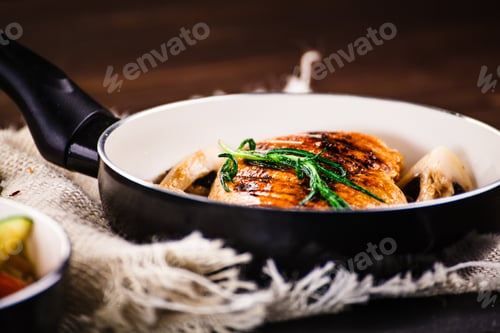 Preview: Roast Chicken Breast With Potatoes And Vegetables On Wooden Background