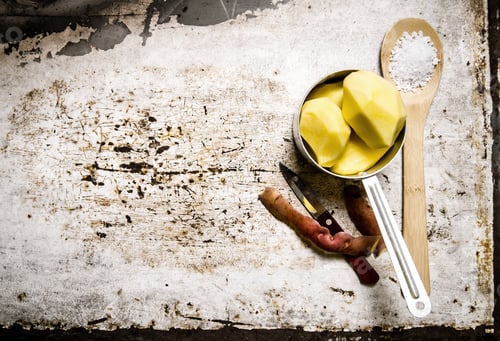 Preview: Potato Food . The Peeled Potatoes In A Metal Saucepan With A Spoonful Of Salt On The Rustic