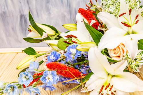 Preview: Bouquet Of Summer Festive Flowers. The Concept Of A Romantic Gift. Bridal Bouquet. Light Wooden
