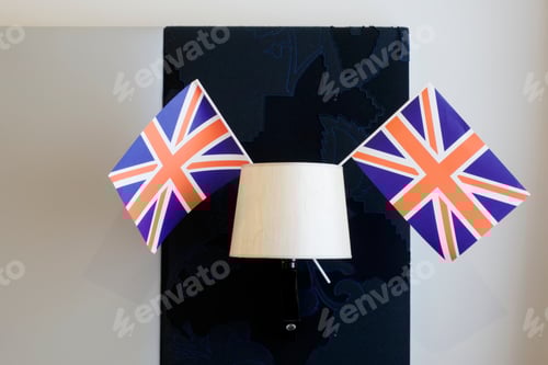 Preview: Union Jack Flag Hanging From Light Lamp In Hotel Room Uk