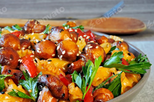 Preview: Vegan Bowl Of Pasta With Mushrooms And Herbs. Healthy Food Bowl.