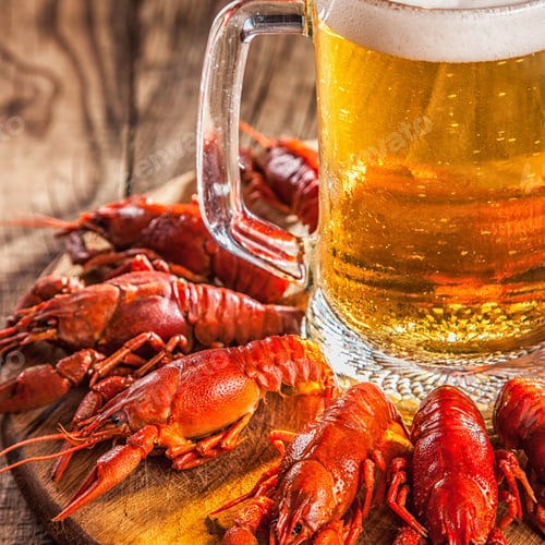 Preview: Boiled Red Crayfishes On Vintage Wooden Background With A Beer