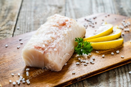 Preview: Fresh Raw Cod With Seasonings And Vegetables Served On Cutting Board On Wooden Table