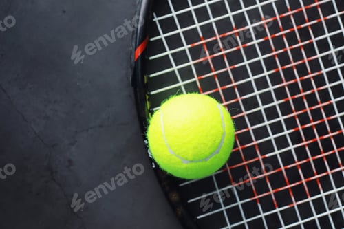 Preview: Sport And Healthy Lifestyle. Tennis. Yellow Ball For Tennis And A Racket On Table. Sports