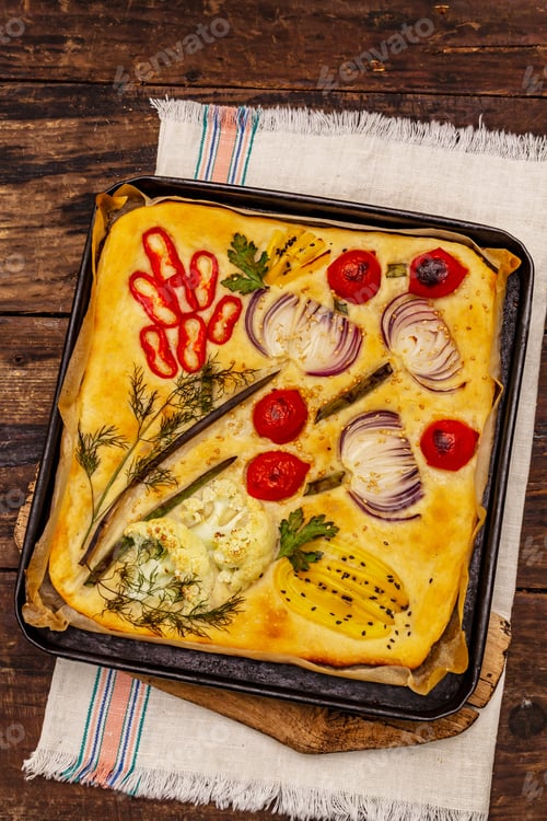 Preview: Colorful Garden Focaccia. Fresh Ripe Vegetables, Olive Oil, Greens. Traditional Italian Bakery. Old