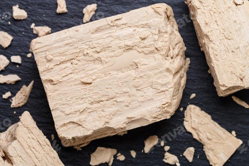 Visualização: Fermento fresco no closeup cinza da mesa. Ingrediente para assar pão e produtos de panificação. Seletivo