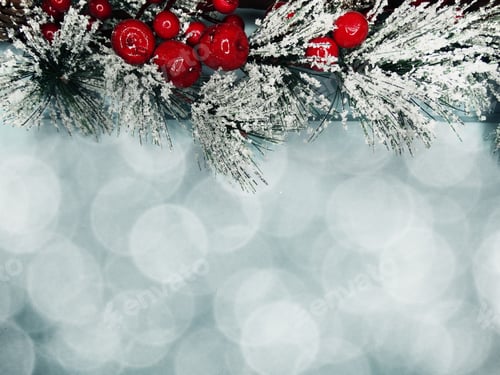 Preview: Christmas Background Fir Tree Branch With Cones And Snow On Wooden Blue Board