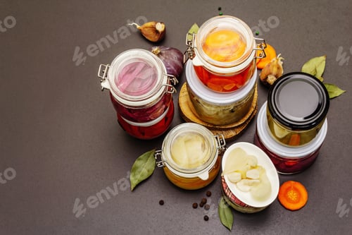 Preview: Assorted Of Fermented Vegetables In Glass Jars. Preserved Season Vegetables Concept, Probiotics