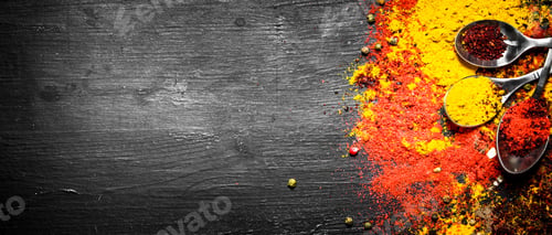 Preview: Fresh Colored Indian Spice Spoons. On The Black Chalkboard.