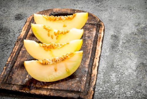 Preview: Slices Of Fresh Melon On The Old Board. On Rustic Background.