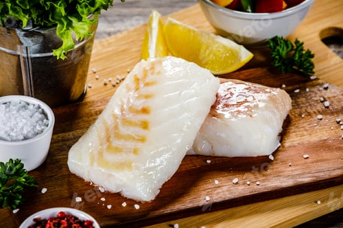 Preview: Fresh Raw Cod With Herbs And Vegetables Served On Cutting Board On Wooden Table