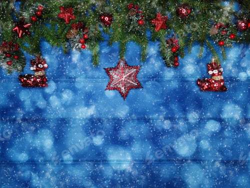 Preview: Winter Christmas Background With Decor On Fir Branches Cones And Snow On Blue Wooden Texture