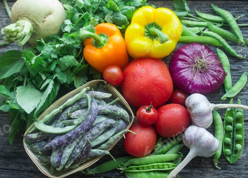 Preview: Fresh Vegetables From The Garden - Green Beans, Onions, Garlic, Tomatoes, Peppers, Cilantro