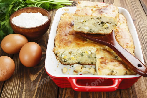 Preview: Homemade Pie With Cabbage And Eggs In A Ceramic Pot