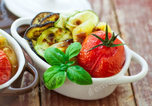 Preview: Vegetables, The Roasted - Eggplant, Zucchini, Tomatoes, Peppers And Garlic. Dietary Nutrition. Soft
