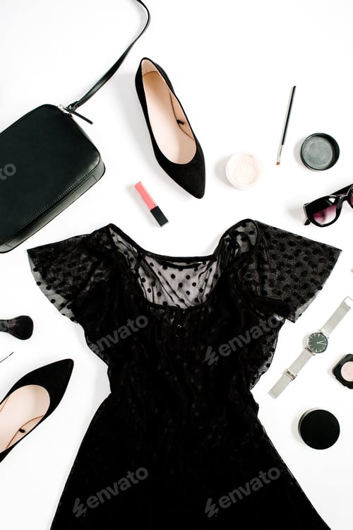 Preview: Trendy Fashion Black Styled Woman Clothes And Accessories Collection On White Background. Flat Lay