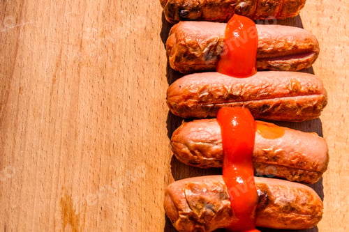 Preview: Roasted Sausages On A Rustic Wooden Table. Top View