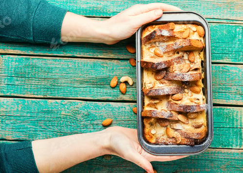 Preview: Dessert Of Toast Bread,Cottage Cheese,Banana And Nuts.French Breakfast In Hands