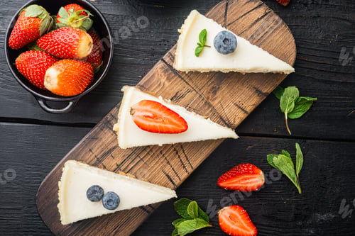 Preview: New York Cheesecake Or Classic Cheesecake With Fresh Berrie, On Black Wooden Table Background, Top