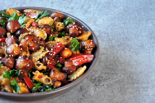Preview: Vegan Bowl Of Pasta With Mushrooms And Herbs. Healthy Food Bowl.