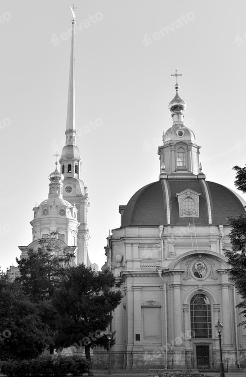 Preview: Peter And Paul Cathedral At Sunny Day In Saint Petersburg, Russia. Black And White.