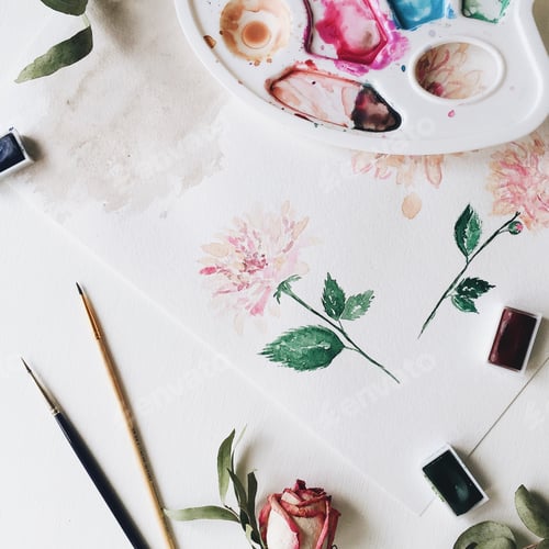 Preview: Pink Flower Painted With Watercolor And Brushes On White Background. Flat Lay, Top View