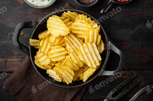Preview: Crispy Potato Chips Set, With Sour Cream, On Old Dark Wooden Table, Top View Flat Lay