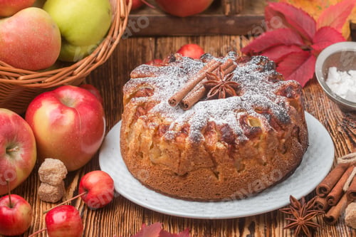 Preview: Apple Pie With Cinnamon, Cardamom, Anise, Powdered Sugar. Homemade Delicious Cakes For Tea. Rustic