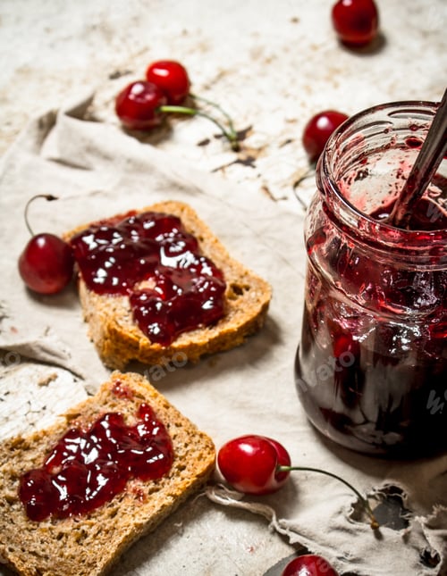 Preview: The Sandwich With Sour Cherry Jam. On Rustic Background.