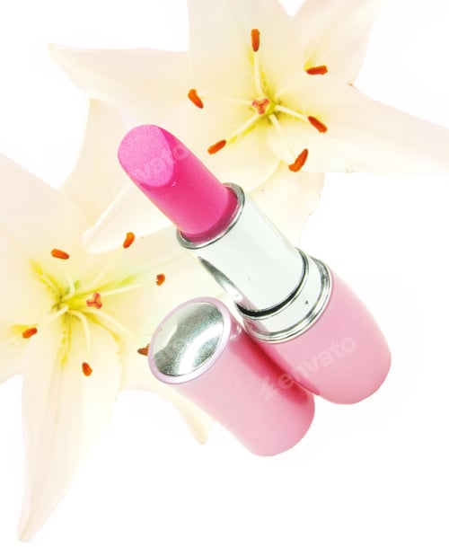 Preview: Red Lipstick With Pink Lilies On Background
