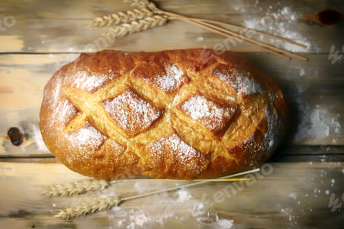 Preview: Selective Focus. Fresh Wheat Bread On A Wooden Surface. Fresh Loaf.