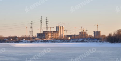 Preview: Houses Under Construction And Neva River At Winter Sunset On The Outskirts Of Petersburg, Russia.