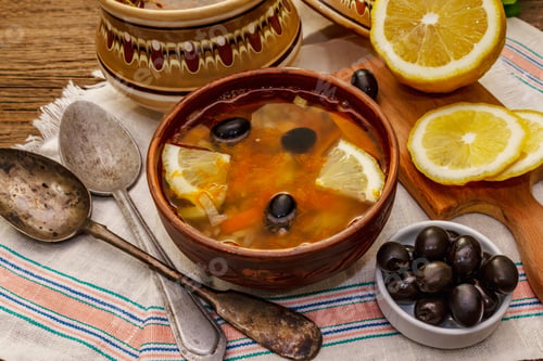 Preview: Hodgepodge, Hot Soup Served In Traditional Ceramic Bowl And Pot. Classical Eastern Europe Dish, Old