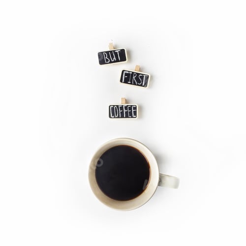 Preview: Phrase "But First Coffee" Written With Chalk And A Cup Of Black Coffee Isolated On White Background
