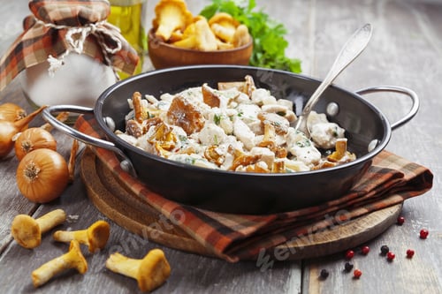 Preview: Chicken Fillet With Chanterelles And Cream In A Pan On The Table