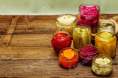 Preview: Assorted Of Fermented Vegetables In Glass Jars. Preserved Season Vegetables Concept, Probiotics