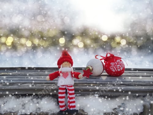 Preview: Winter Christmas Background With Ball Decor Snow On Blue Wooden Texture