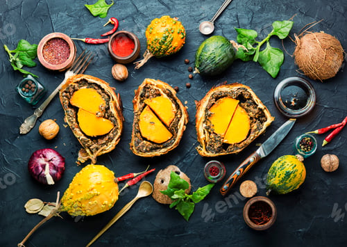 Preview: Wellington Pumpkin,Loaf Of Bread Stuffed With Baked Mushrooms And Pumpkin.