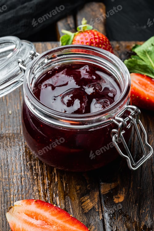 Preview: Homemade Delicious Strawberry Jam And With Fresh Berrie, On Black Background