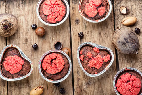Preview: Dietary Beetroot Muffins With Chocolate And Nuts.Vegetarian Food