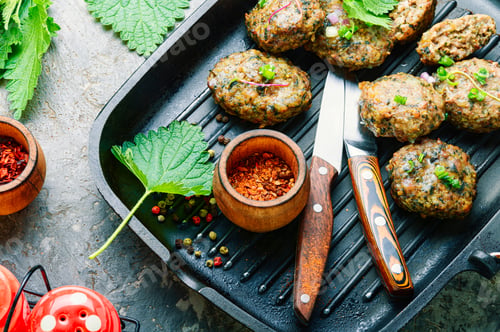 Preview: Appetizing Homemade Nettle Meatballs Cooked In Grill Pan.Fried Meat Balls