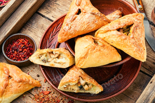 Preview: Kurnik,Russian Pie Stuffed With Chicken And Mushrooms On Wooden Table