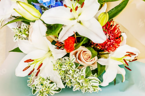 Preview: Bouquet Of Summer Festive Flowers. The Concept Of A Romantic Gift. Bridal Bouquet. Light Stone