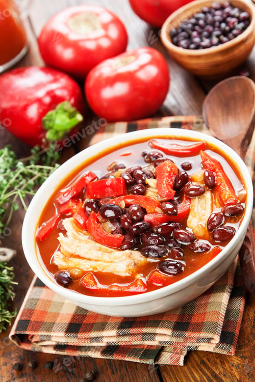 Preview: Tomato Soup With Red Beans And Meat On The Table