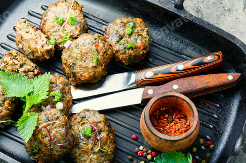 Preview: Appetizing Homemade Nettle Meatballs Cooked In Grill Pan