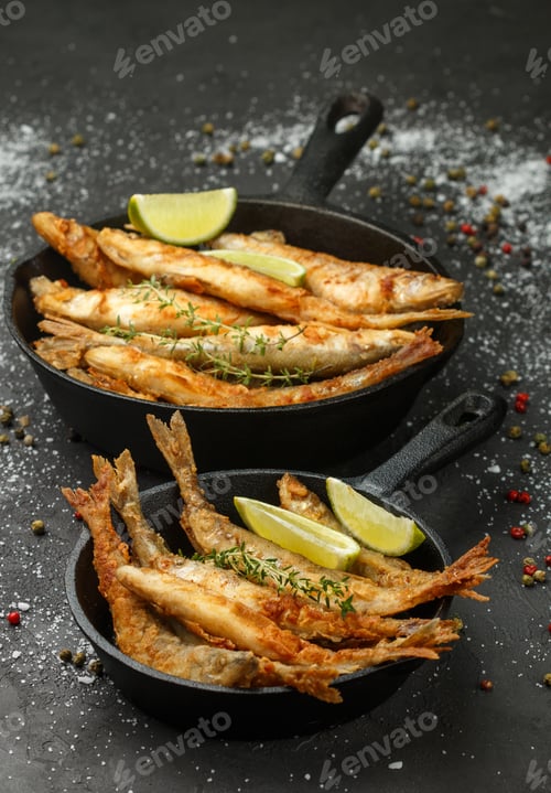 Preview: Fried Smelt In A Frying Pan On The Table With Spices, Lime And Thyme. Small Crispy Fish. Selective