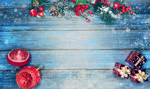 Preview: Winter Christmas Background With Decor On Fir Branches Cones And Snow On Blue Wooden Texture